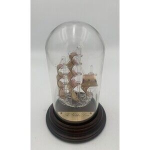 Glass Ship Ornament  In A Dome With Wooden Base